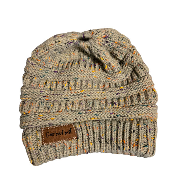 Three Bird Nest Knitted Ponytail Bun Beanie Hat Gray Rainbow Speckles - Picture 2 of 4